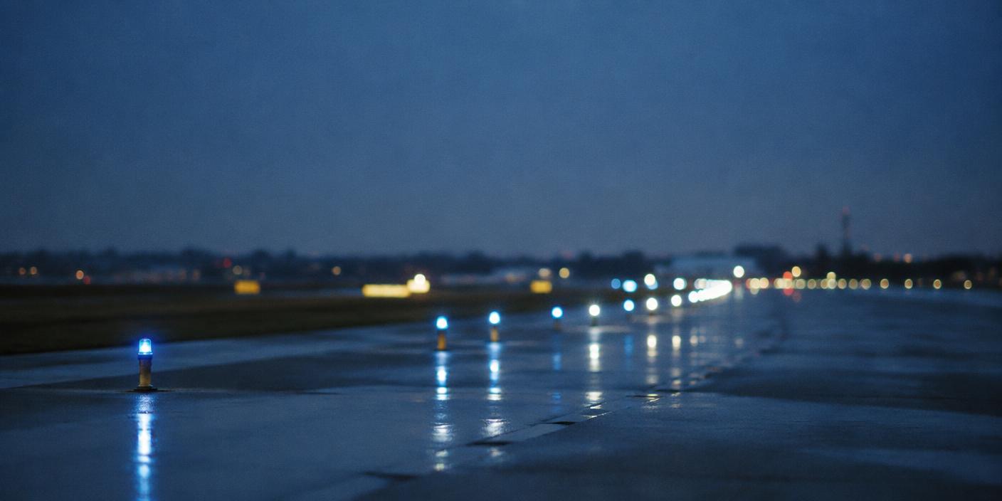 Runway edge lights receding across wet asphalt at dusk, with distant airport lights out of focus.