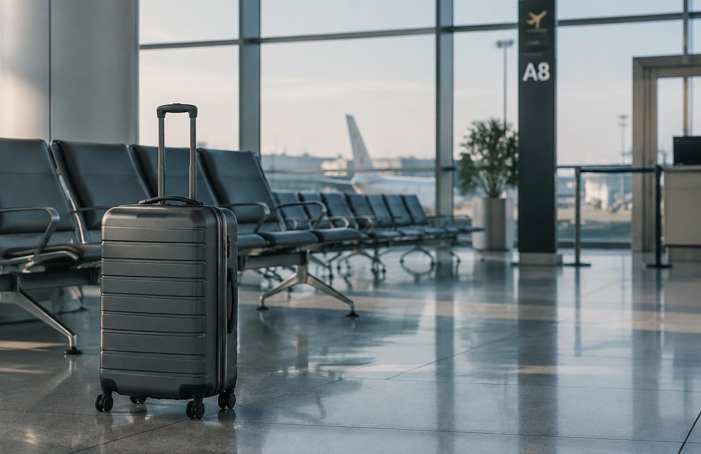 A single suitcase standing in an empty airport gate area, morning light through the glass wall.
