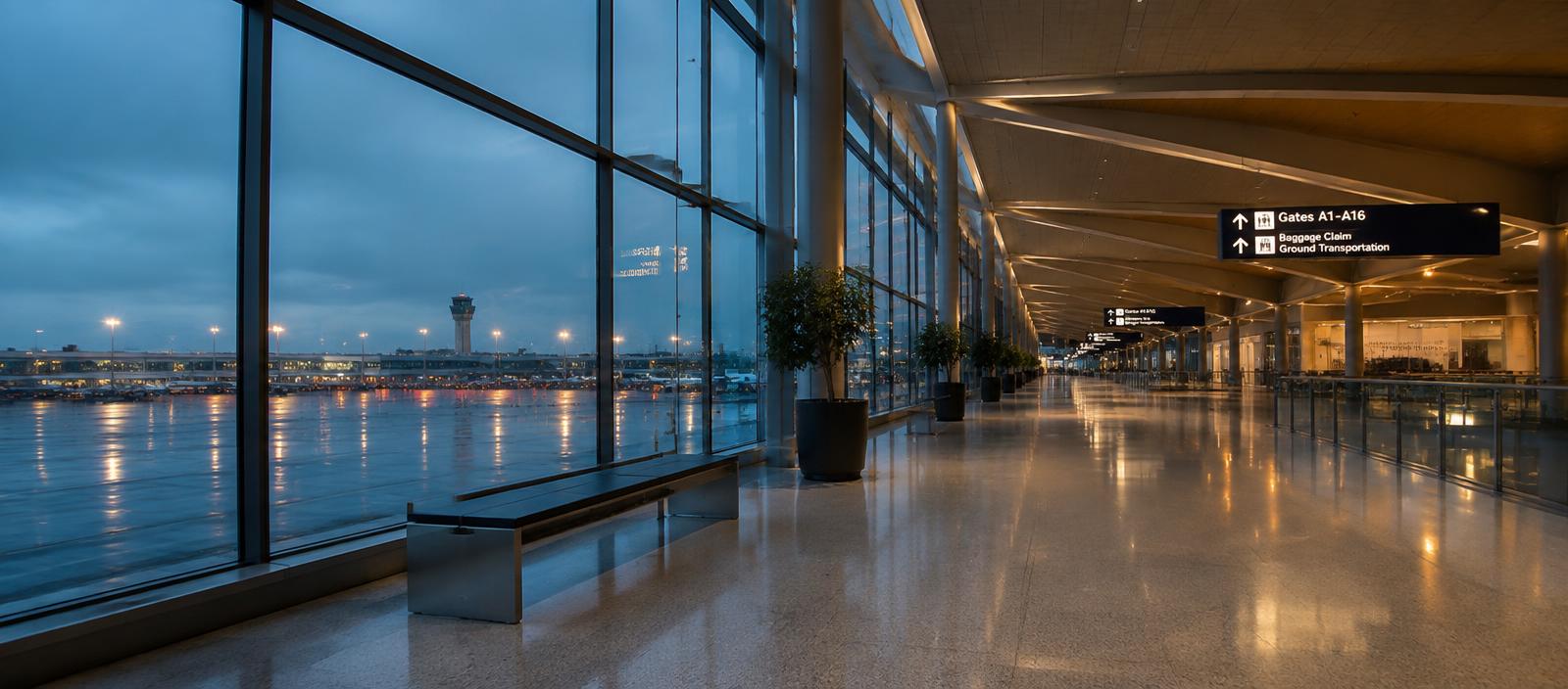An empty airport terminal walkway at blue hour, glass wall on one side and light reflecting off the polished floor.